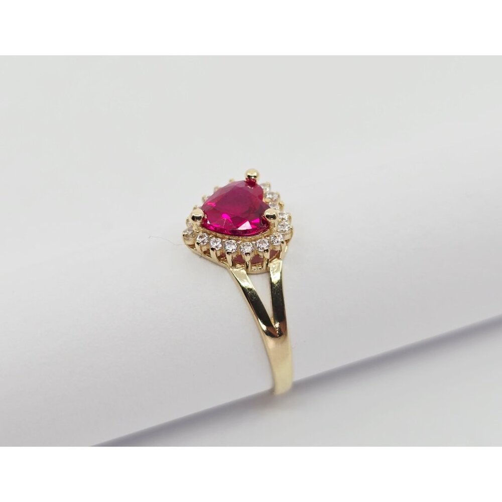 14K Solid Yellow Gold Designer Heart Shaped Synthetic Ruby & CZ Ring - Size 6.50 - Picture 6 of 14